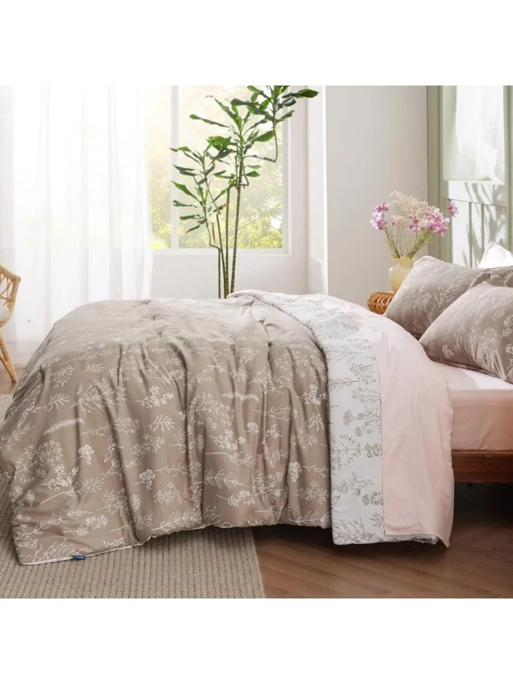 Cozy Light Taupe Queen Comforter Set - 3 Piece Floral Bedding, Reversible